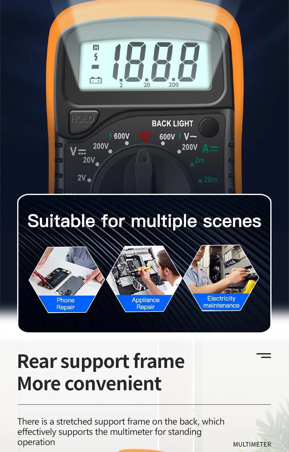 Multimètre numérique portable - LCD rétroéclairé - Testeur AC/DC, Volt, Ohm, Ampère - Neuf