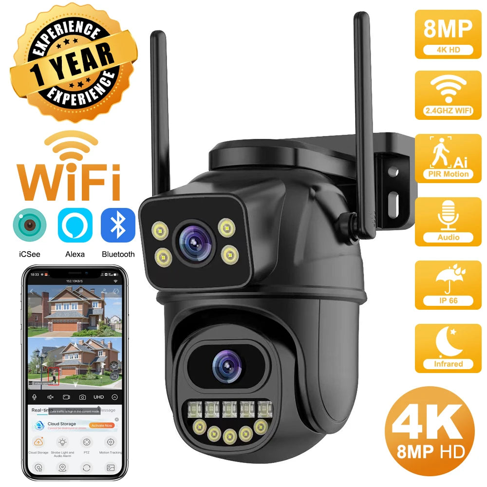 Caméra de Surveillance Extérieure 4K 8MP WiFi PTZ - Double Objectif, Suivi Automatique AI, Audio Bidirectionnel, Vision Nocturne, iCSee