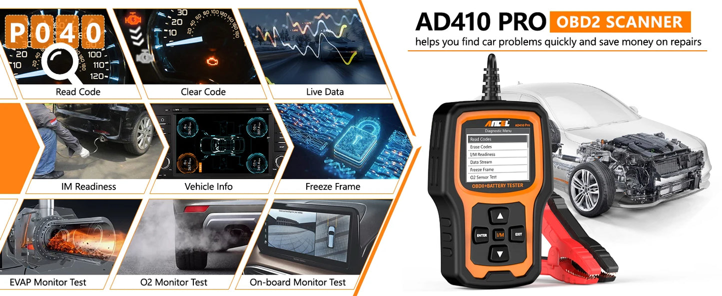 ANCEL AD410 PRO – Lecteur de Codes OBD2 & Testeur de Batterie