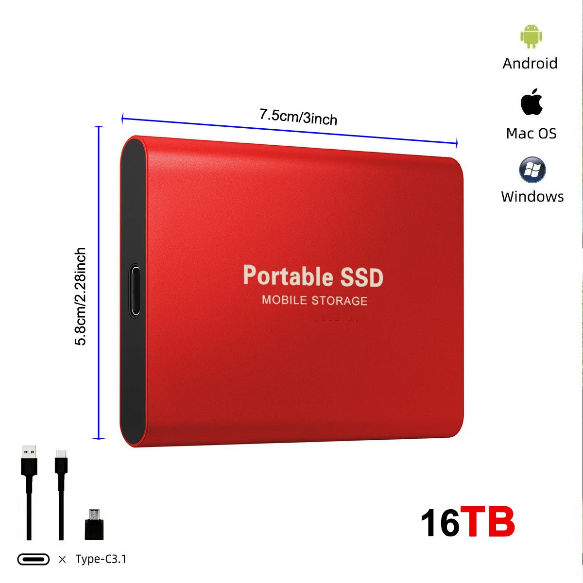 Disque Dur Externe SSD Ultra Fin - 128 To, Portable, USB 3.0, Compatible PC & Mac