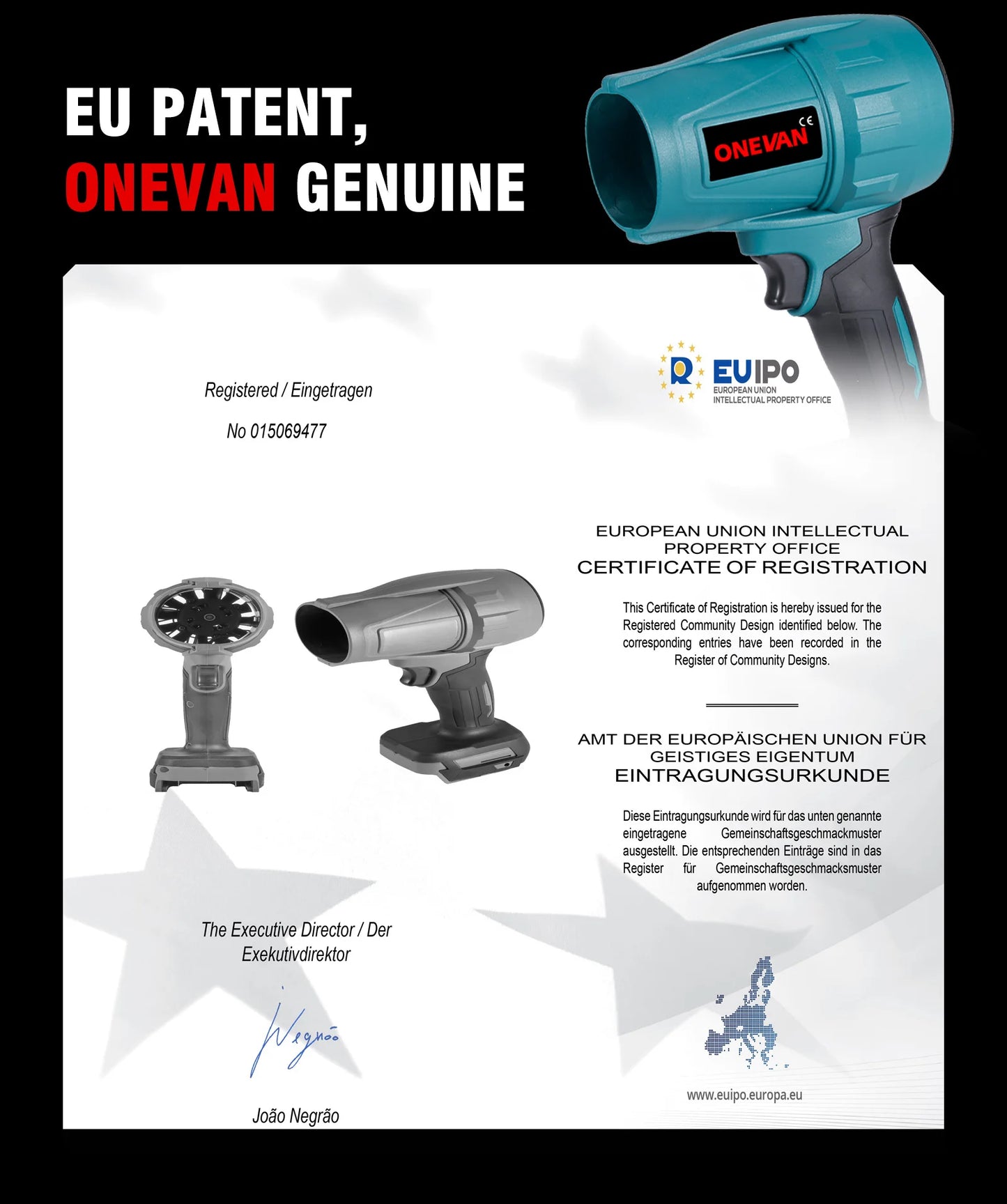 ONEVAN Souffleur Électrique Brushless 2000W - Turbo Jet 200M/S, Séchage Voiture & Soufflage Poussière, Compatible Batterie Makita 18V