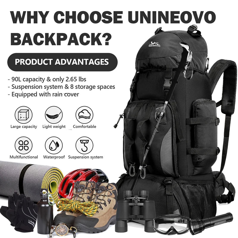 Sac à Dos de Randonnée 90L - Étanche, Grande Capacité, Idéal pour Trekking, Camping & Voyages
