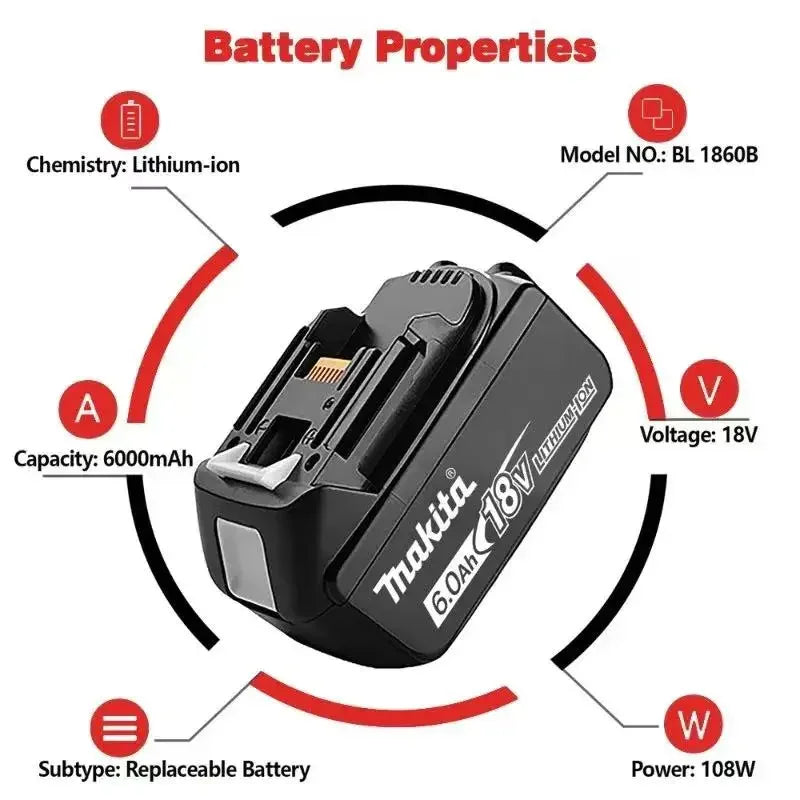 Batterie Makita 18V 6.0Ah - 100% Originale, Rechargeable, Compatible BL1830, BL1840, BL1850, BL1860B