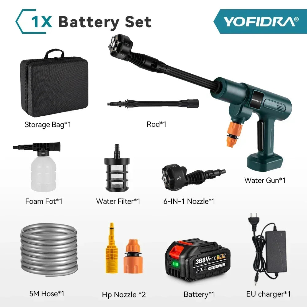 YOFIDRA Nettoyeur Haute Pression 200 Bar - 3500W, Moteur Brushless, Pistolet Pulvérisateur 6-en-1, Compatible Batterie Makita 18V