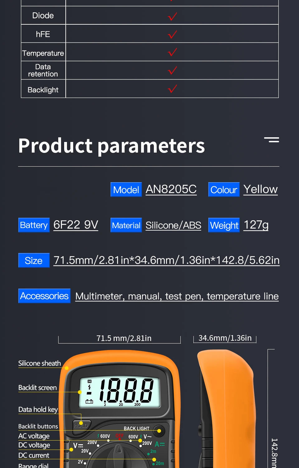 Multimètre numérique portable - LCD rétroéclairé - Testeur AC/DC, Volt, Ohm, Ampère - Neuf