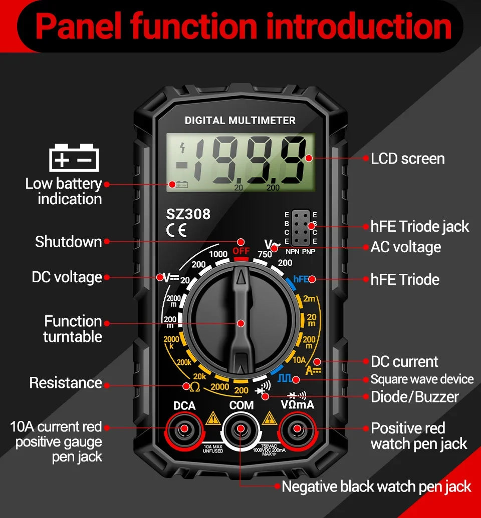 ANENG SZ308 - Multimètre Numérique à Onde Carrée, 1999 Comptes, HFE, Buzzer, AC/DC, 10A