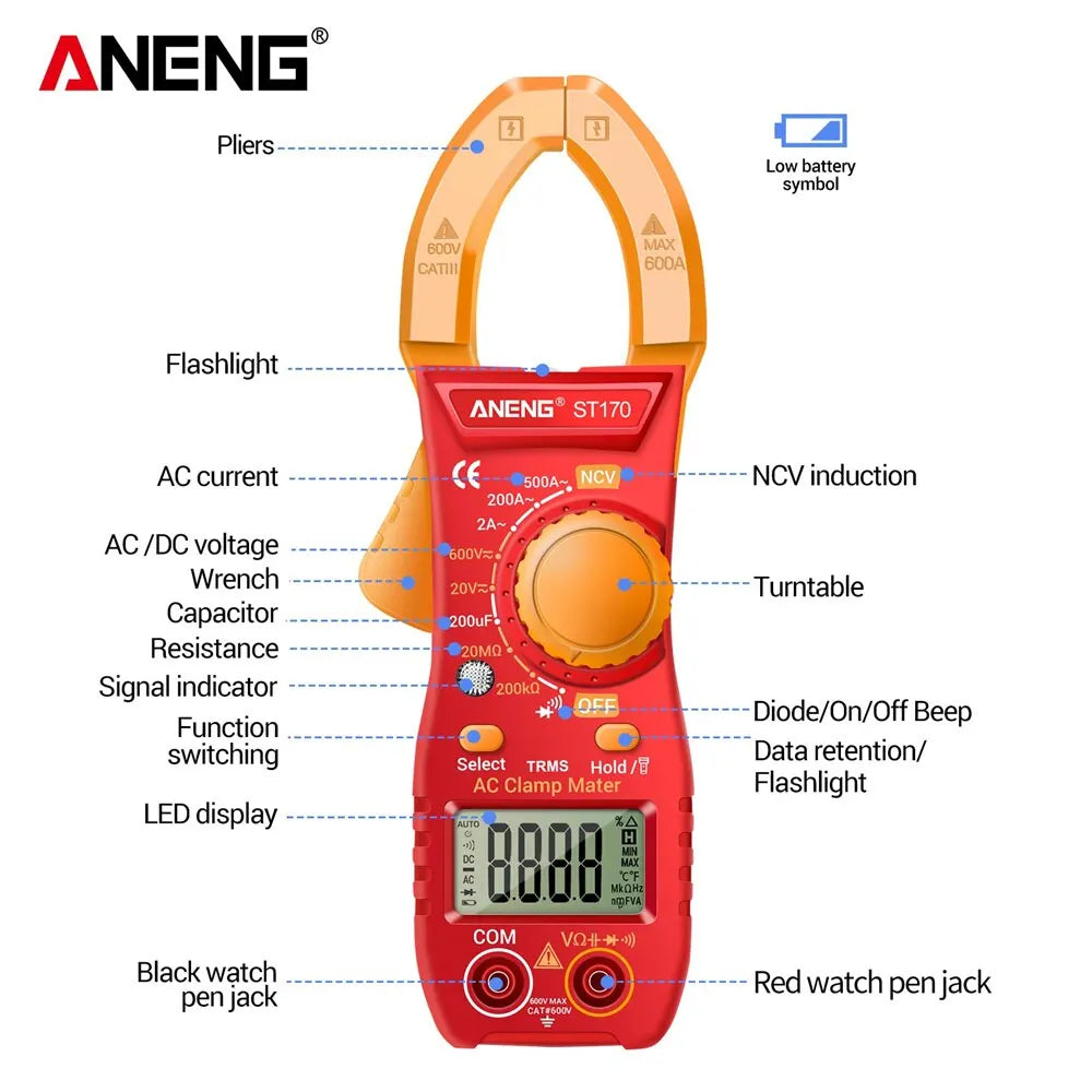 ANENG ST170 Pince Ampèremétrique & Multimètre - Écran HD Rétroéclairé, Testeur Électrique Sans Contact