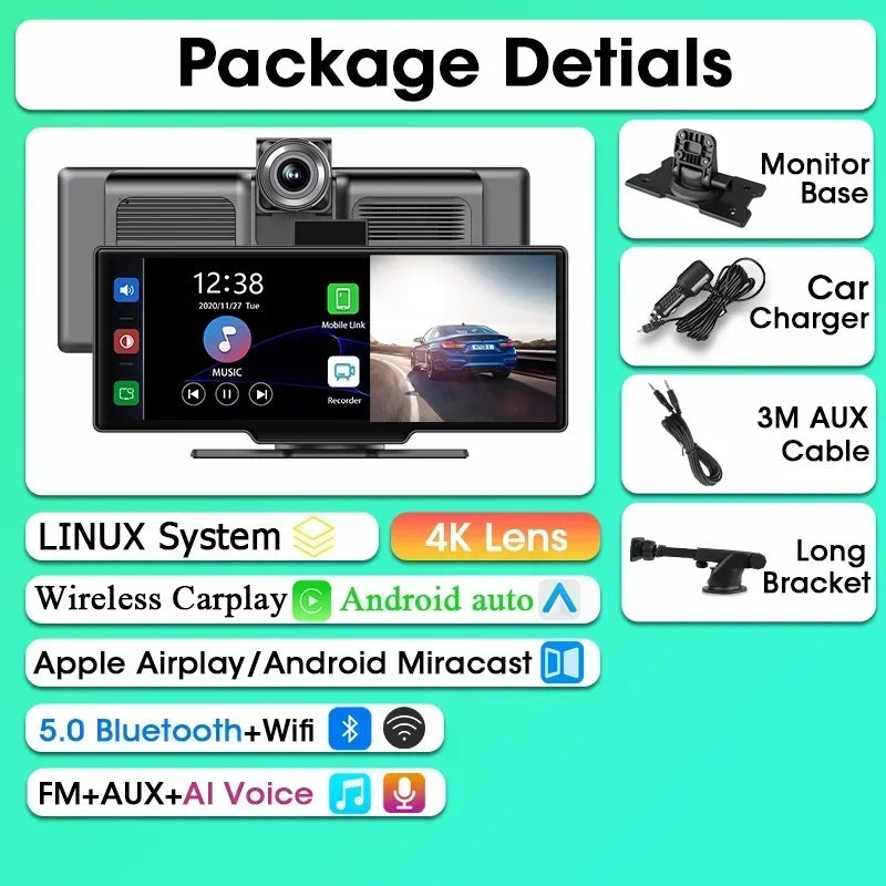 Srnubi 10.26" Dash Cam - Rétroviseur Intelligent avec CarPlay, Android Auto, 4K, DVR Double Caméra, GPS & WiFi