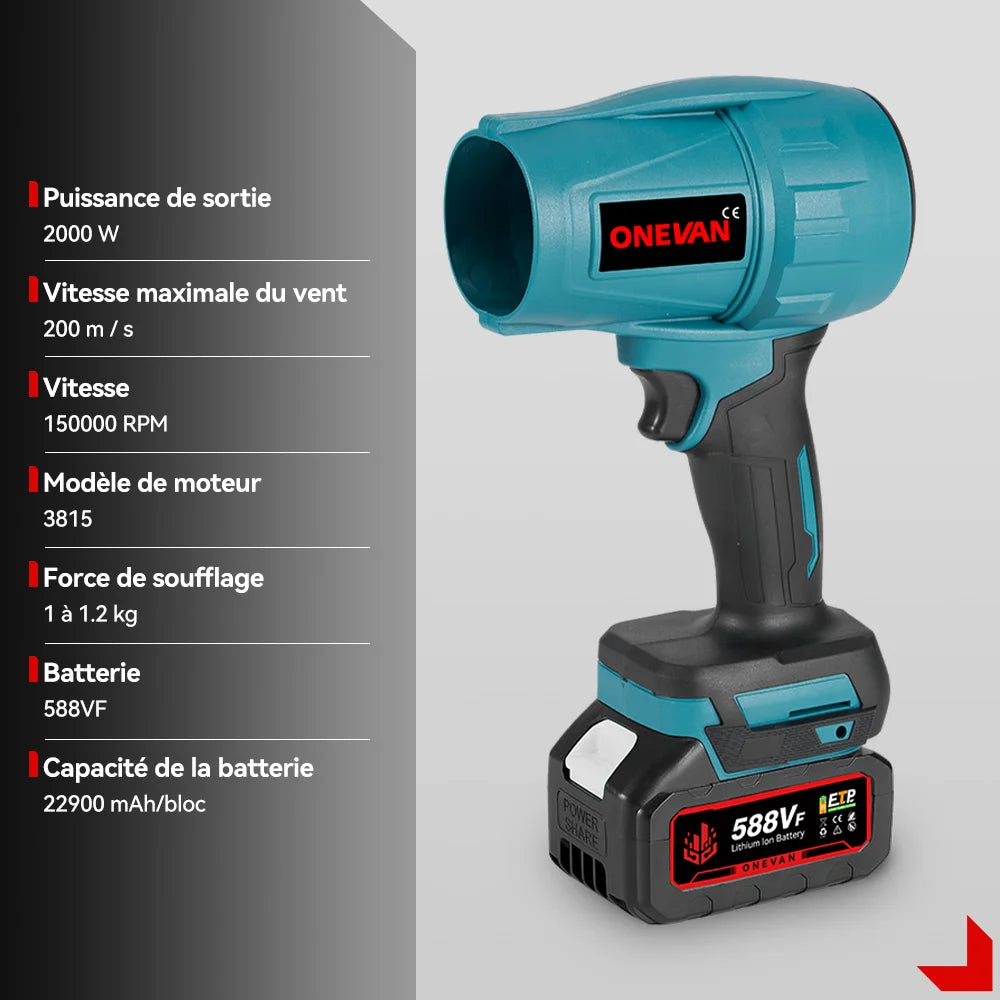 ONEVAN Souffleur Électrique Brushless 2000W - Turbo Jet 200M/S, Séchage Voiture & Soufflage Poussière, Compatible Batterie Makita 18V