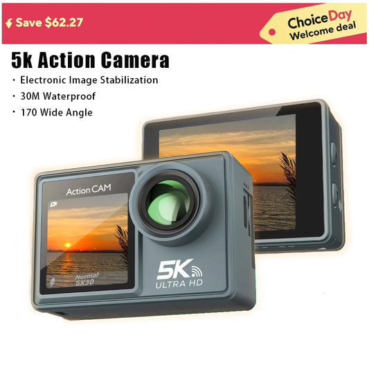 Caméra Sport CERASTES – 5K/4K 60FPS, WiFi, Stabilisation, Étanche 30M, Double Écran