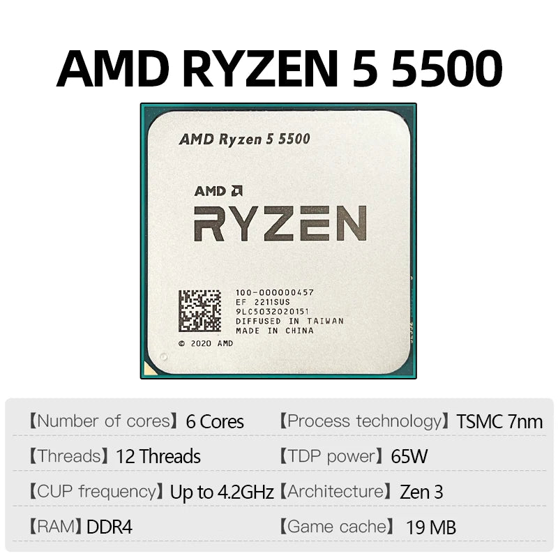 AMD Ryzen 5 5500 - Processeur Gaming 6 Cœurs, 12 Threads, 4.2 GHz, 65W, Socket AM4 (Sans Ventilateur)