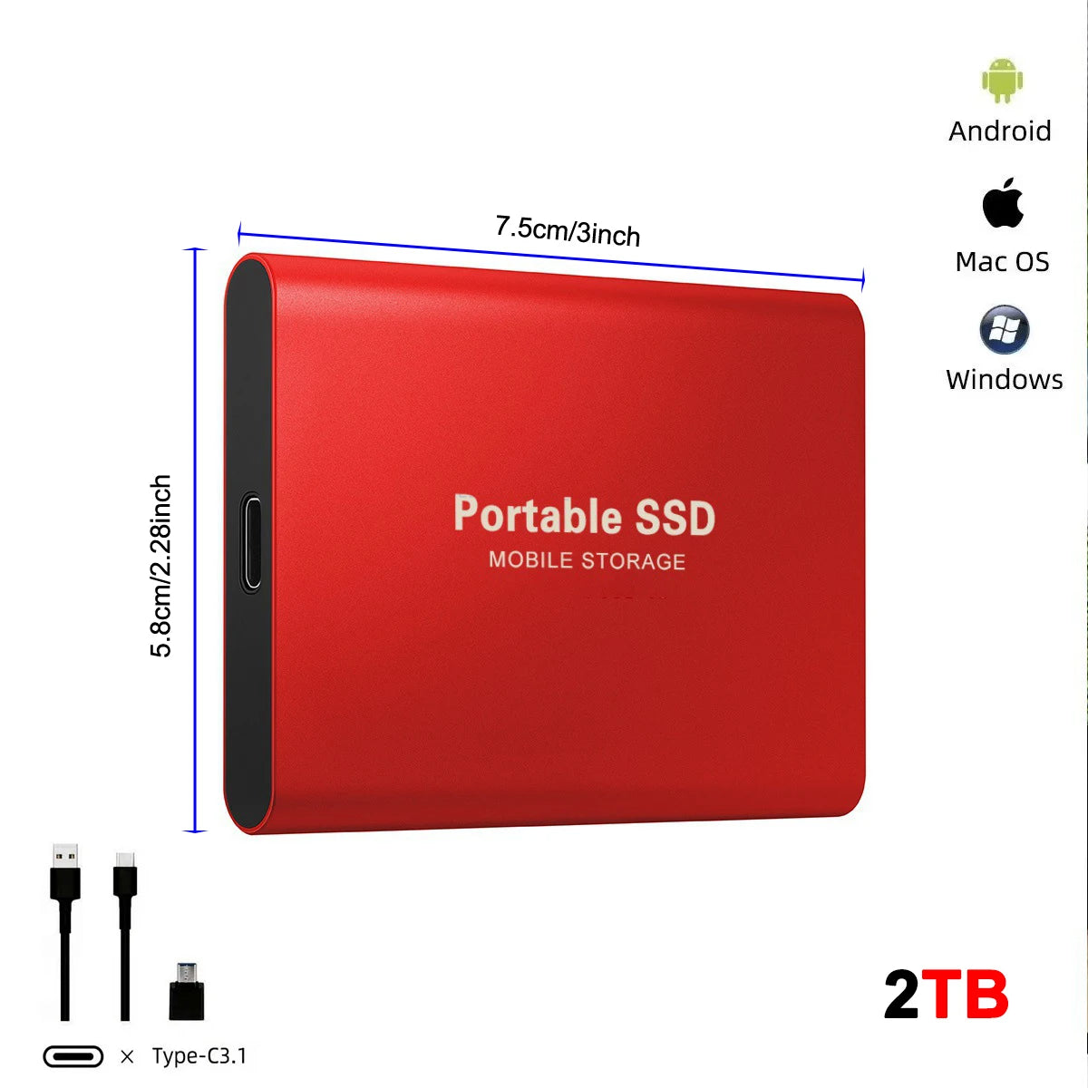 Disque Dur Externe SSD Ultra Fin - 128 To, Portable, USB 3.0, Compatible PC & Mac