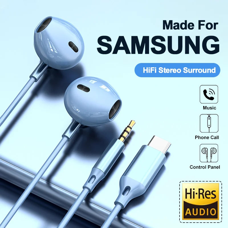 Pour Samsung Écouteurs HiFi Son surround In-ear USB Type C 3.5mm avec contrôle de fil Bouchons d’oreille filaires pour Galaxy S24 S23 S22 Ultra