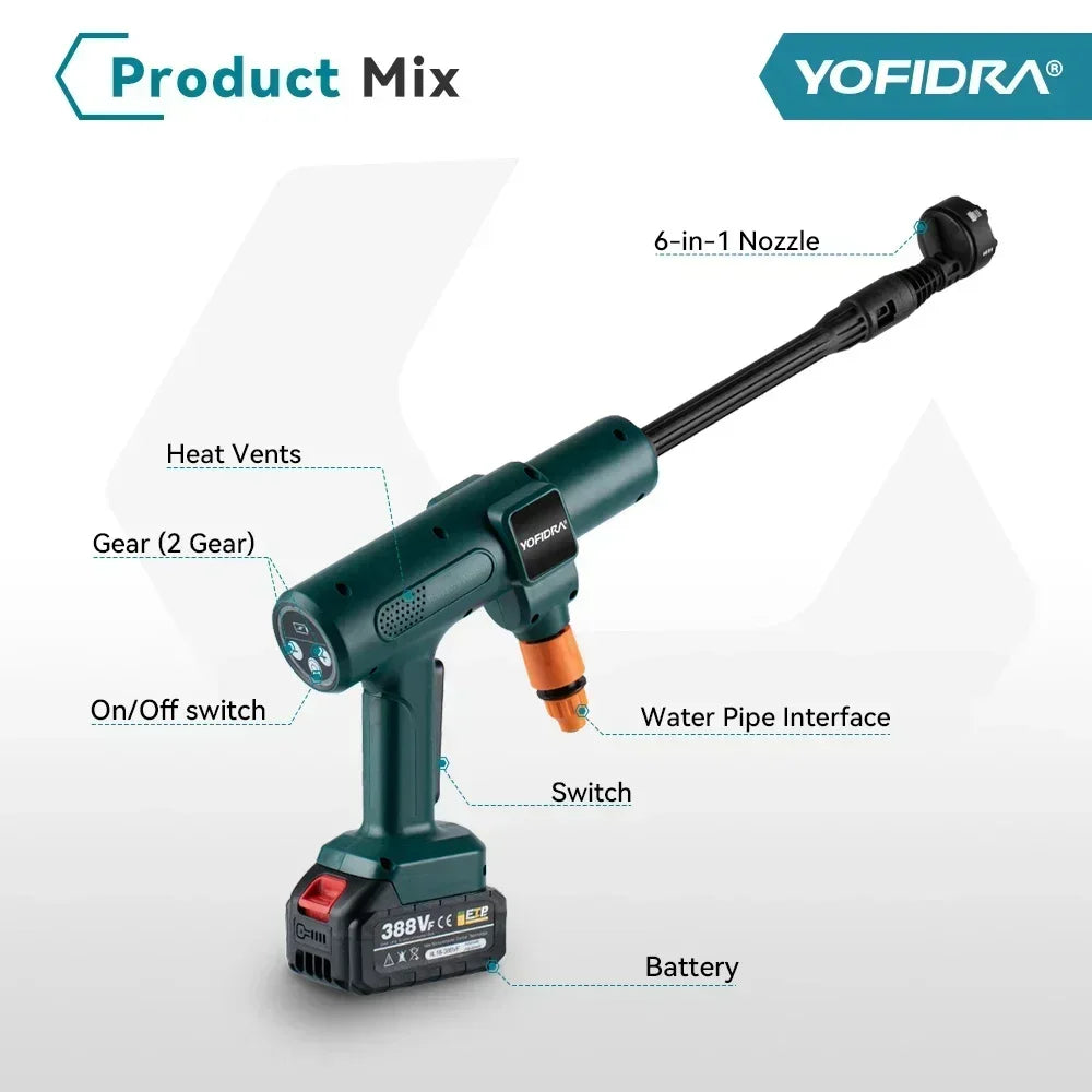 YOFIDRA Nettoyeur Haute Pression 200 Bar - 3500W, Moteur Brushless, Pistolet Pulvérisateur 6-en-1, Compatible Batterie Makita 18V