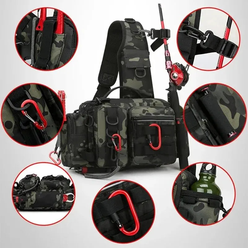 Sac à Dos de Pêche Multifonction - Rangement Leurres & Matériel, Sac à Bandoulière avec Porte-Canne, Idéal pour la Pêche à la Mouche & Spinning