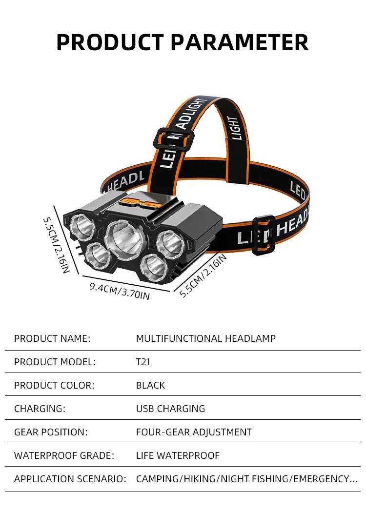 Lampe Frontale LED Ultra Puissante - 5 Têtes, Étanche, Rechargeable USB, Éclairage Extérieur