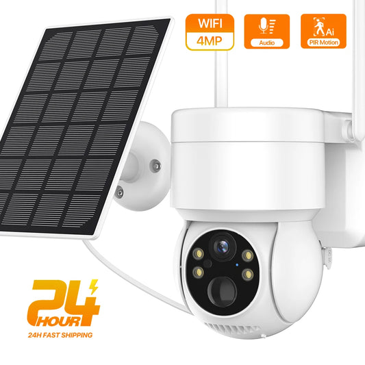 Caméra de Surveillance Solaire WiFi PTZ 4MP HD - Batterie Intégrée, Sans Fil, Vision Nocturne, Détection de Mouvement, iCSee