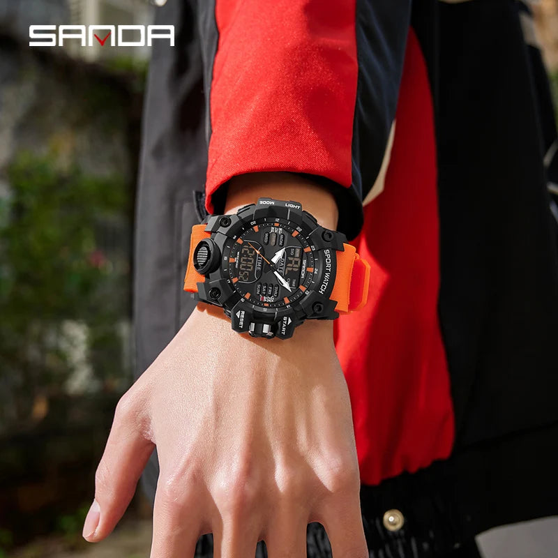 SANDA Luxury G-Style - Montre Électronique Sport Homme, LED, Chronographe Militaire, Étanche 50M