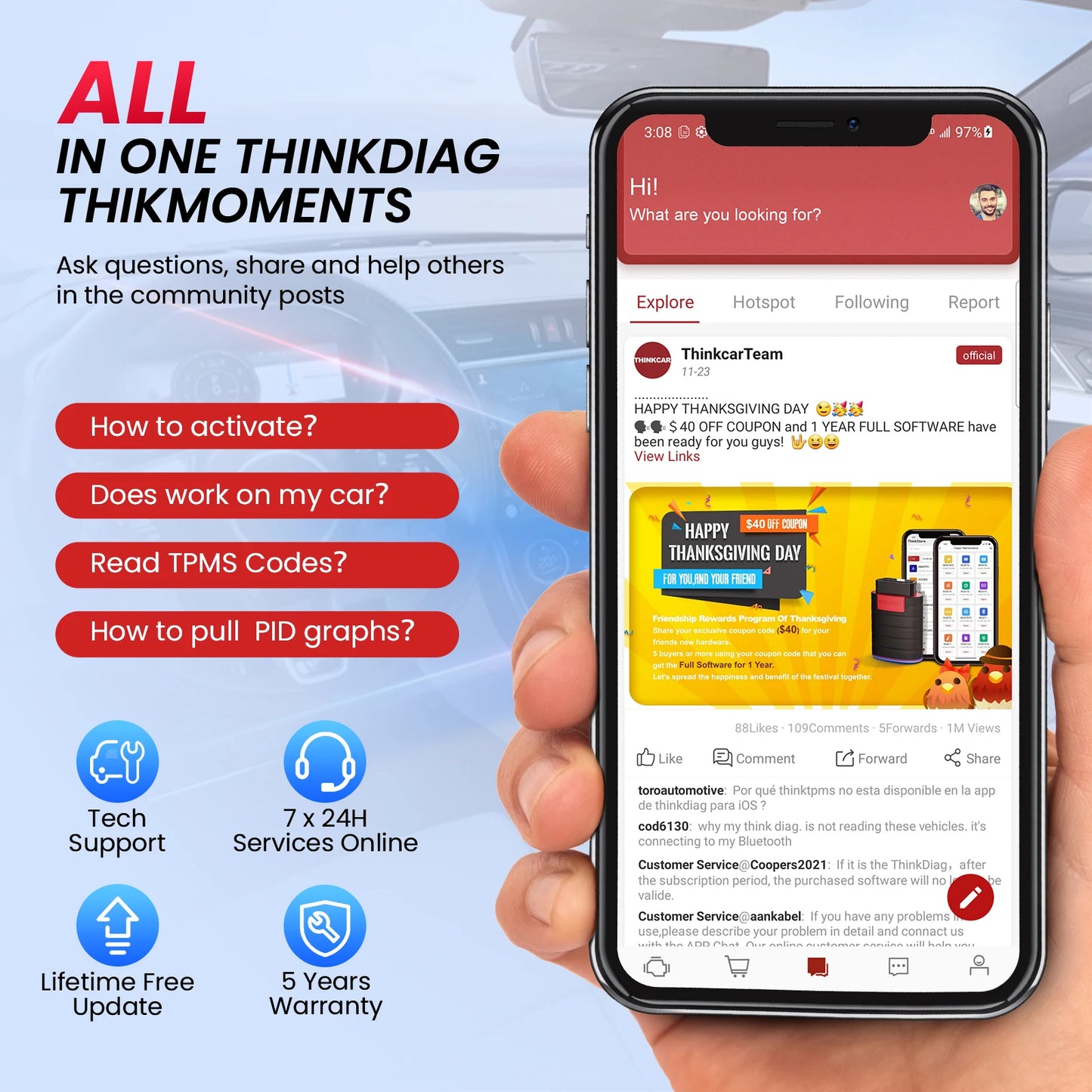 THINKCAR THINKDIAG Mini – Scanner OBD2 Bluetooth, Diagnostic Complet & Codes d’Erreur