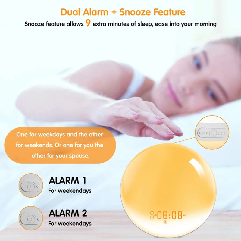 Réveil Lumineux avec Simulation de Lever/Coucher du Soleil - Double Alarme, Radio FM, Veilleuse 7 Couleurs, Sons Naturels & Snooze