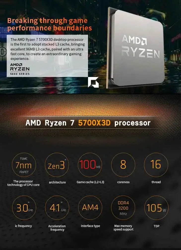 AMD Ryzen 7 5700X3D - Processeur Gaming 8 Cœurs, 16 Threads, 4.1 GHz, Socket AM4, 3D V-Cache (Sans Ventilateur)