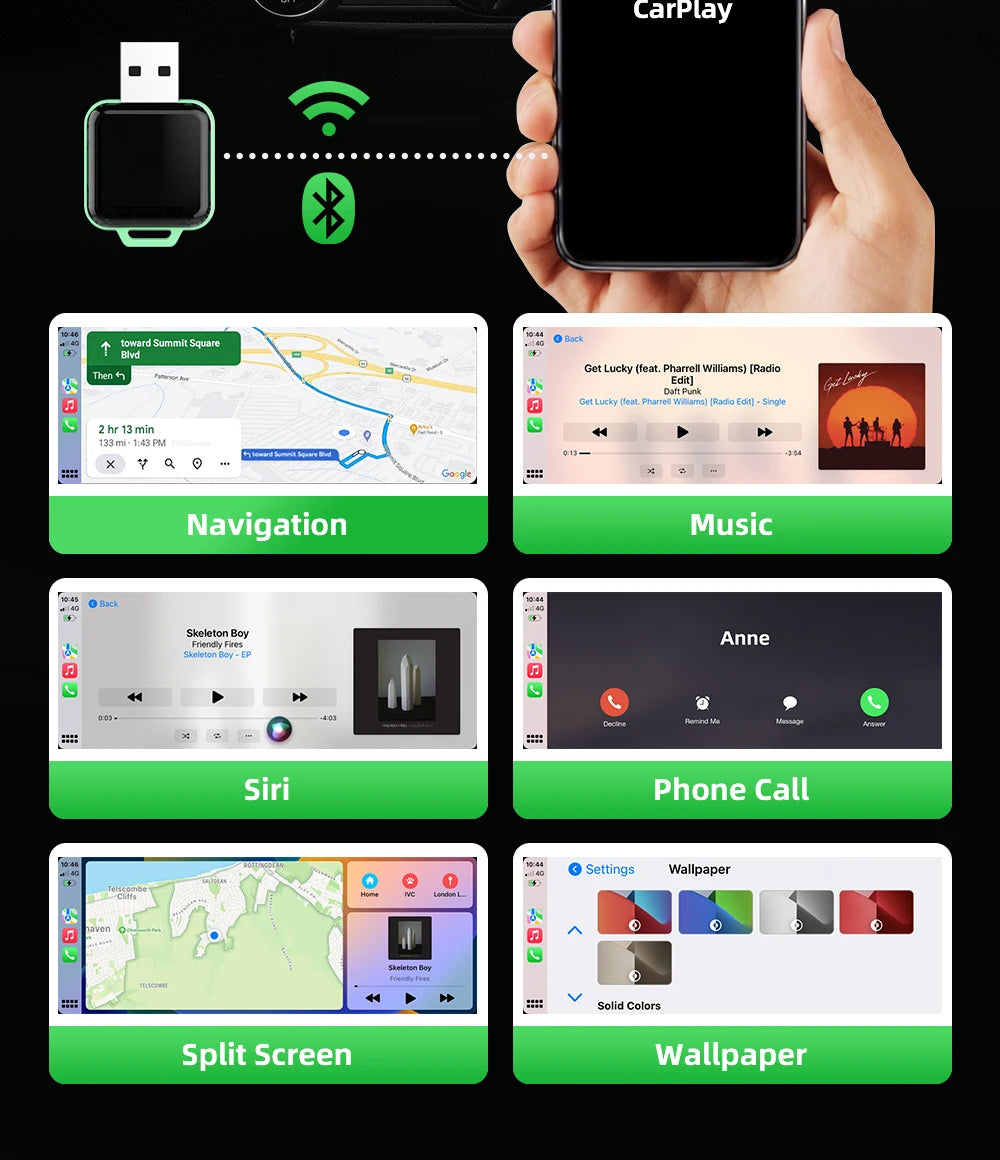 Mini CarPlay & Auto AI Box - Convertisseur Filaire en Sans Fil pour Audi, Toyota, Mazda, Nissan, Chevrolet, Kia, Ford, Hyundai & Plus