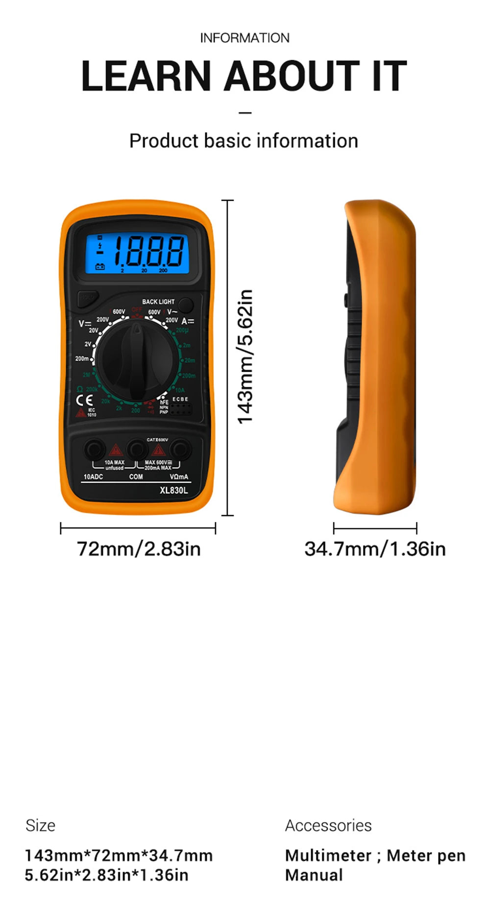 Multimètre numérique portable - LCD rétroéclairé - Testeur AC/DC, Volt, Ohm, Ampère - Neuf