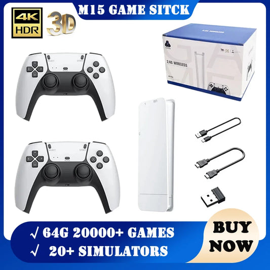 M15 Game Stick - Mini Console de Jeu TV 64GB, 20 000+ Jeux Rétro, Manettes Sans Fil, Sortie HD, Multijoueur