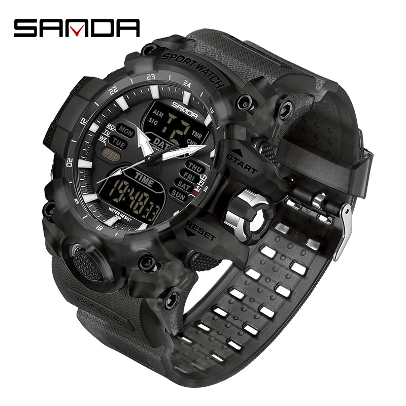 SANDA Luxury G-Style - Montre Électronique Sport Homme, LED, Chronographe Militaire, Étanche 50M