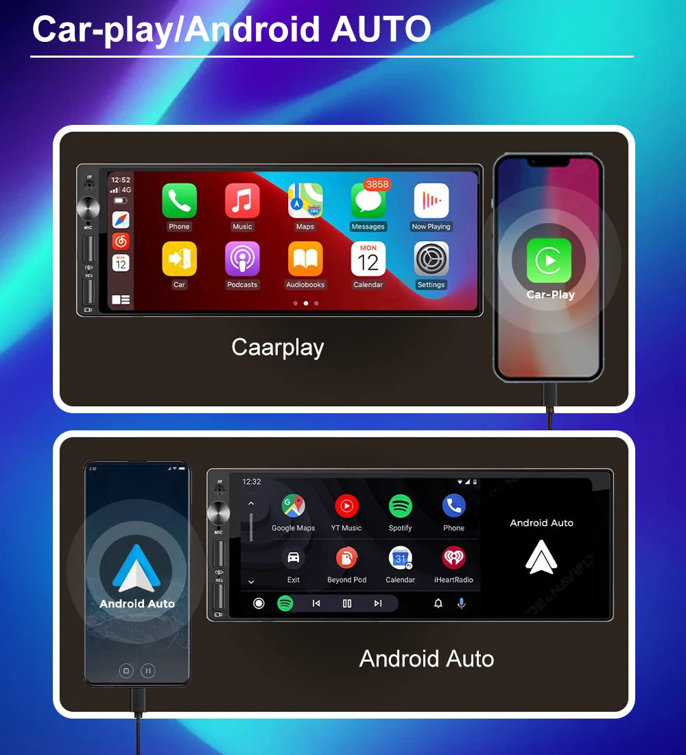 Autoradio 1DIN avec Écran IPS 6.9" - CarPlay & Android Auto, Bluetooth, USB, MP5, Stéréo Multimédia