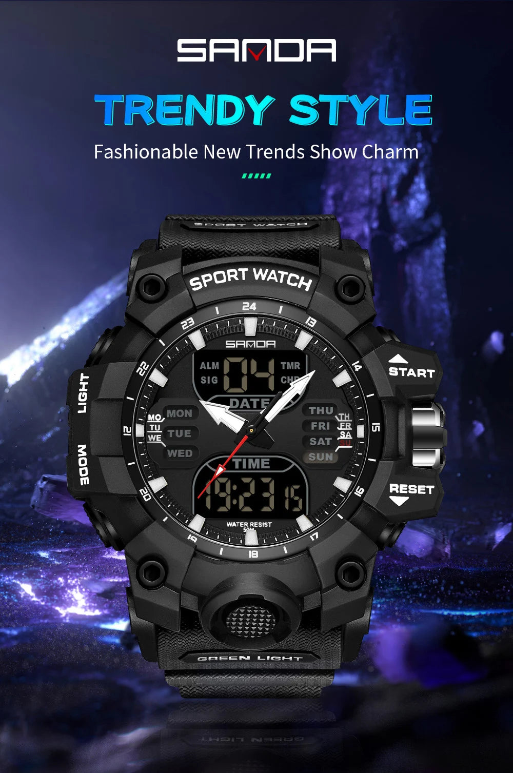 SANDA Luxury G-Style - Montre Électronique Sport Homme, LED, Chronographe Militaire, Étanche 50M