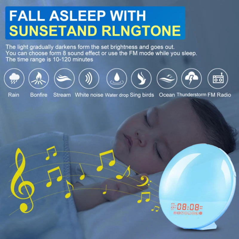 Réveil Lumineux avec Simulation de Lever/Coucher du Soleil - Double Alarme, Radio FM, Veilleuse 7 Couleurs, Sons Naturels & Snooze