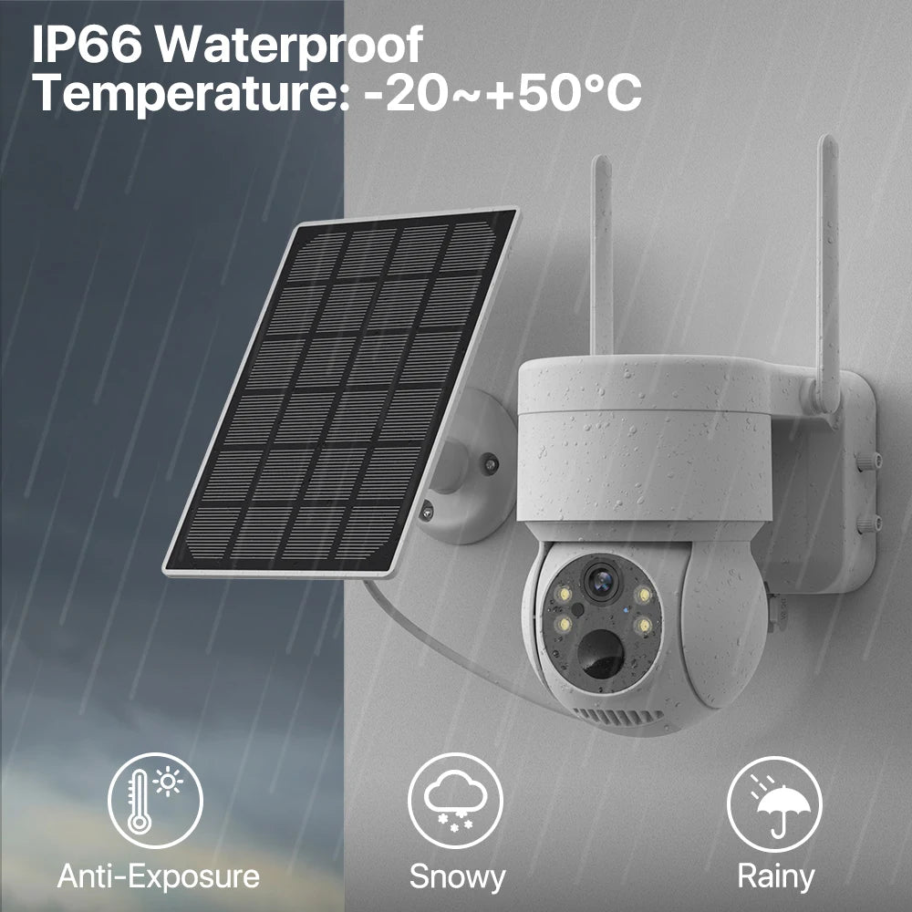 Caméra de Surveillance Solaire WiFi PTZ 4MP HD - Batterie Intégrée, Sans Fil, Vision Nocturne, Détection de Mouvement, iCSee