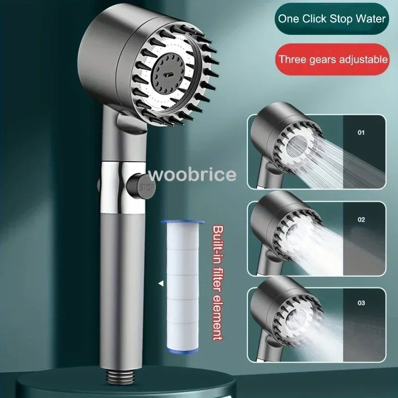 Pommeau de Douche Haute Pression - 3 Modes, Filtre Purifiant, Brosse de Massage Intégrée, Économie d'Eau