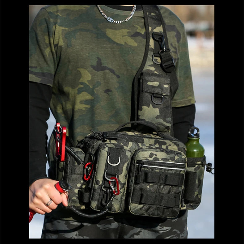 Sac à Dos de Pêche Multifonction - Rangement Leurres & Matériel, Sac à Bandoulière avec Porte-Canne, Idéal pour la Pêche à la Mouche & Spinning