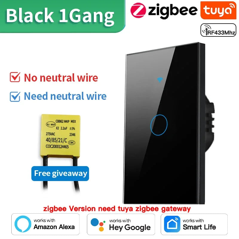 Interrupteur Intelligent TNCE WiFi/Zigbee RF433 - Sans Fil Neutre, Contrôle Tactile & Vocal, Compatible Alexa & Google Home