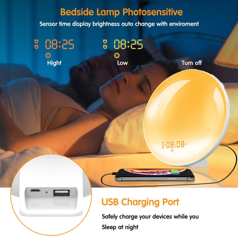Réveil Lumineux avec Simulation de Lever/Coucher du Soleil - Double Alarme, Radio FM, Veilleuse 7 Couleurs, Sons Naturels & Snooze