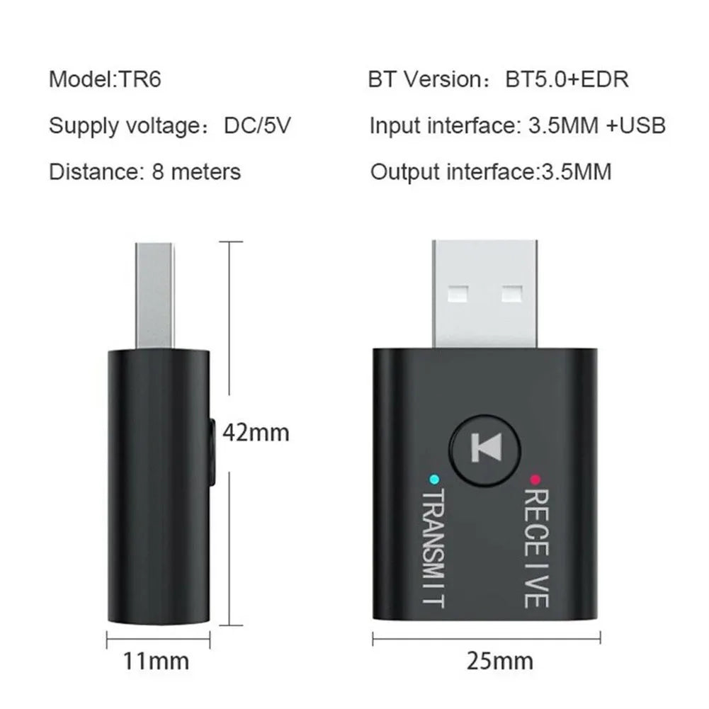 Adaptateur Audio Bluetooth 5.0 USB - Récepteur & Émetteur 2-en-1, AUX 3.5mm, TR6, Sans Fil pour Maison & Voiture