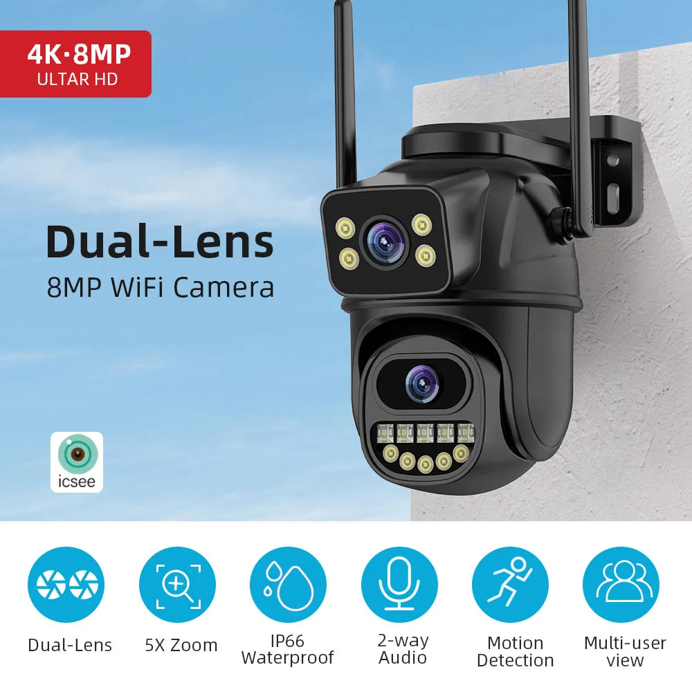 Caméra de Surveillance Extérieure 4K 8MP WiFi PTZ - Double Objectif, Suivi Automatique AI, Audio Bidirectionnel, Vision Nocturne, iCSee