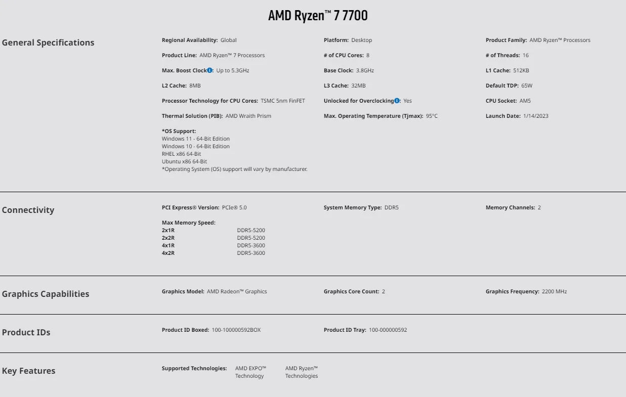 AMD Ryzen 7 7700 - Processeur Gaming 8 Cœurs, 16 Threads, 5.3 GHz, 40 Mo Cache, 5nm, 65W, Socket AM5 avec Graphiques Intégrés