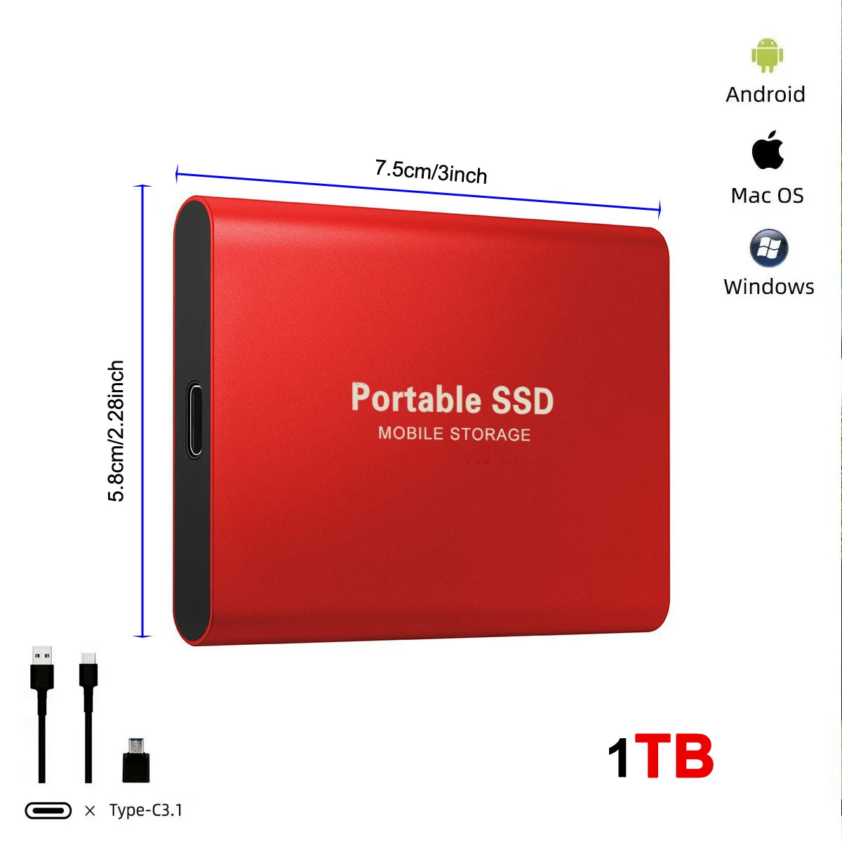 Disque Dur Externe SSD Ultra Fin - 128 To, Portable, USB 3.0, Compatible PC & Mac