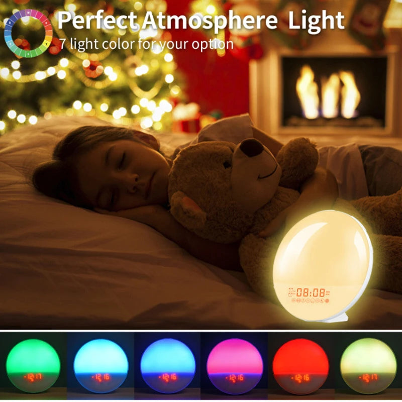 Réveil Lumineux avec Simulation de Lever/Coucher du Soleil - Double Alarme, Radio FM, Veilleuse 7 Couleurs, Sons Naturels & Snooze