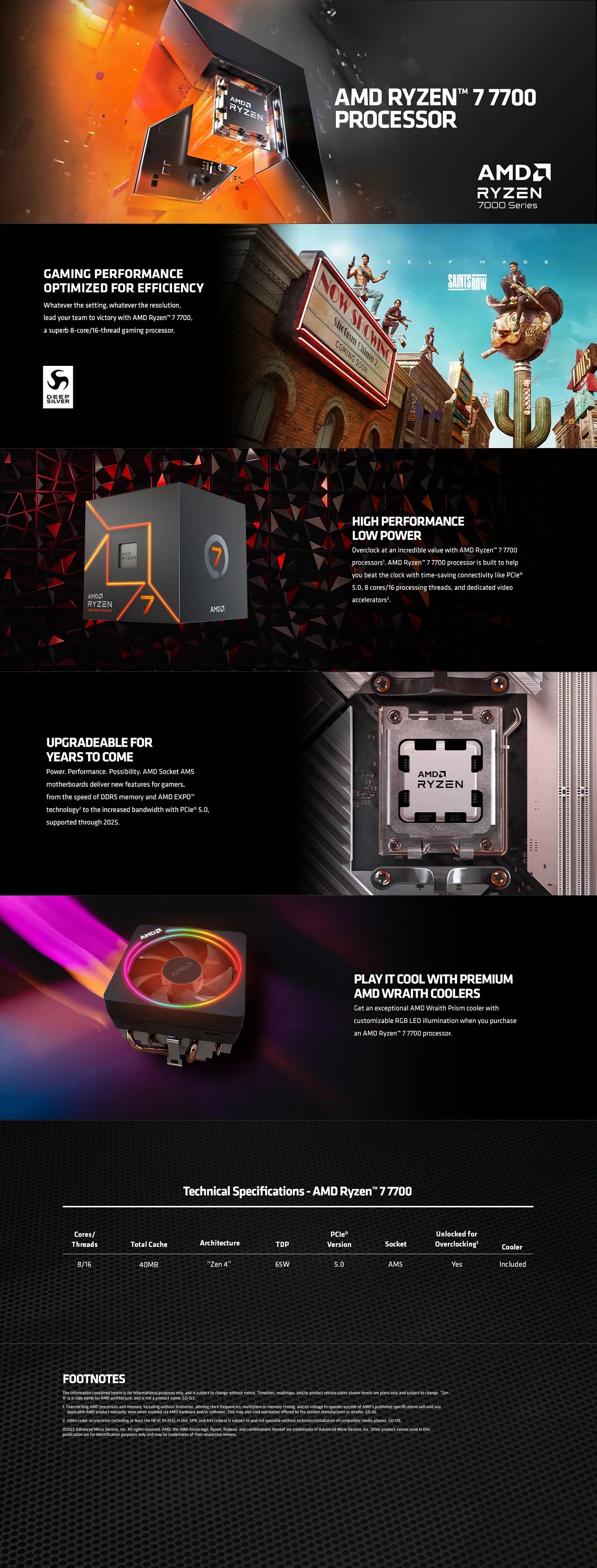 AMD Ryzen 7 7700 - Processeur Gaming 8 Cœurs, 16 Threads, 5.3 GHz, 40 Mo Cache, 5nm, 65W, Socket AM5 avec Graphiques Intégrés