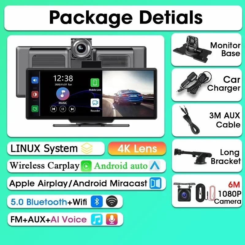 Srnubi 10.26" Dash Cam - Rétroviseur Intelligent avec CarPlay, Android Auto, 4K, DVR Double Caméra, GPS & WiFi