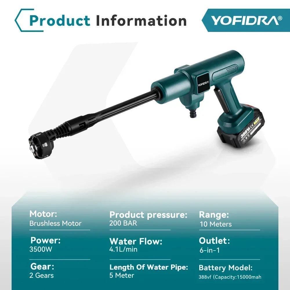 YOFIDRA Nettoyeur Haute Pression 200 Bar - 3500W, Moteur Brushless, Pistolet Pulvérisateur 6-en-1, Compatible Batterie Makita 18V