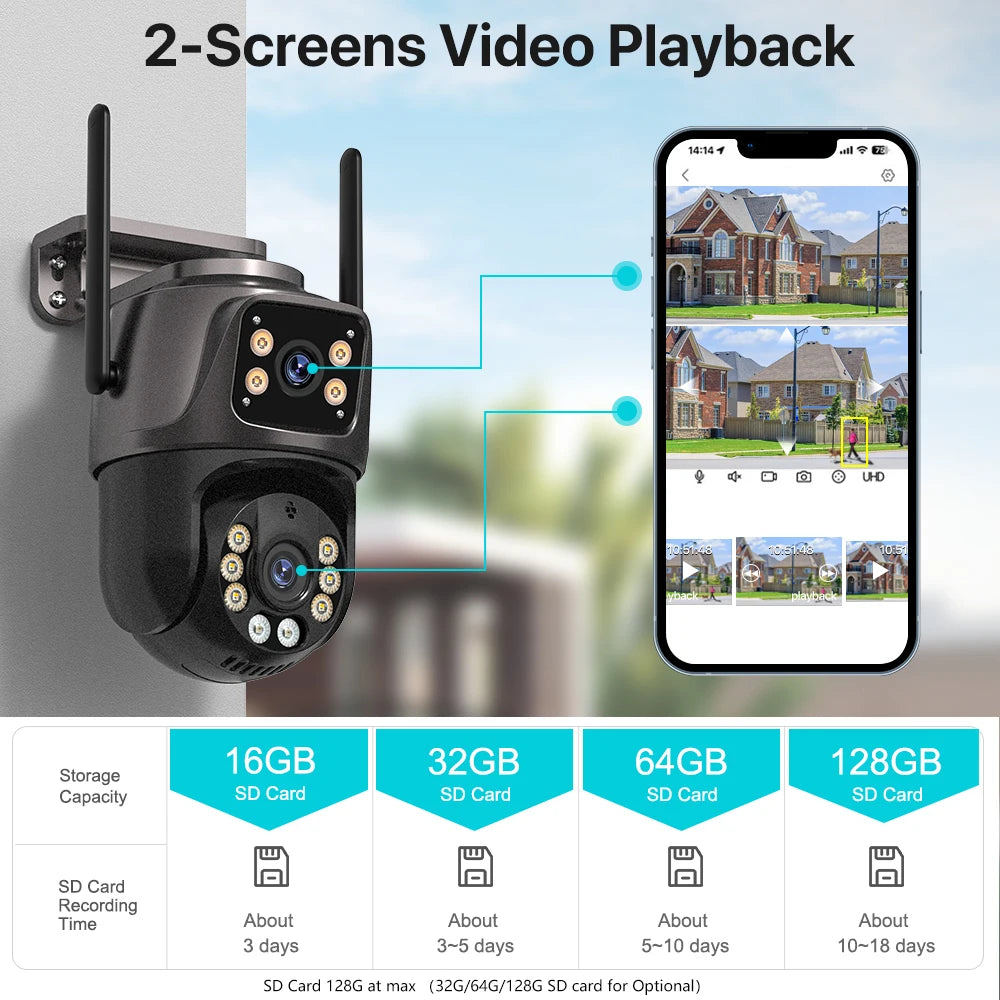 Caméra de Surveillance Extérieure 4K 8MP WiFi PTZ - Double Objectif, Suivi Auto AI, Audio Bidirectionnel, Vision Nocturne, iCSee