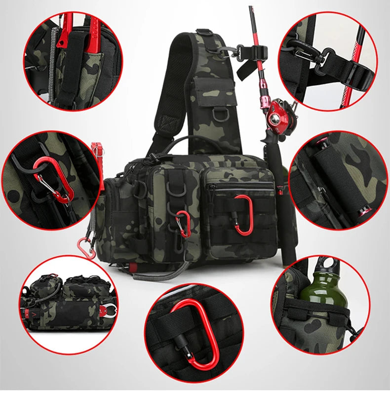 Sac à Dos de Pêche Multifonction - Rangement Leurres & Matériel, Sac à Bandoulière avec Porte-Canne, Idéal pour la Pêche à la Mouche & Spinning