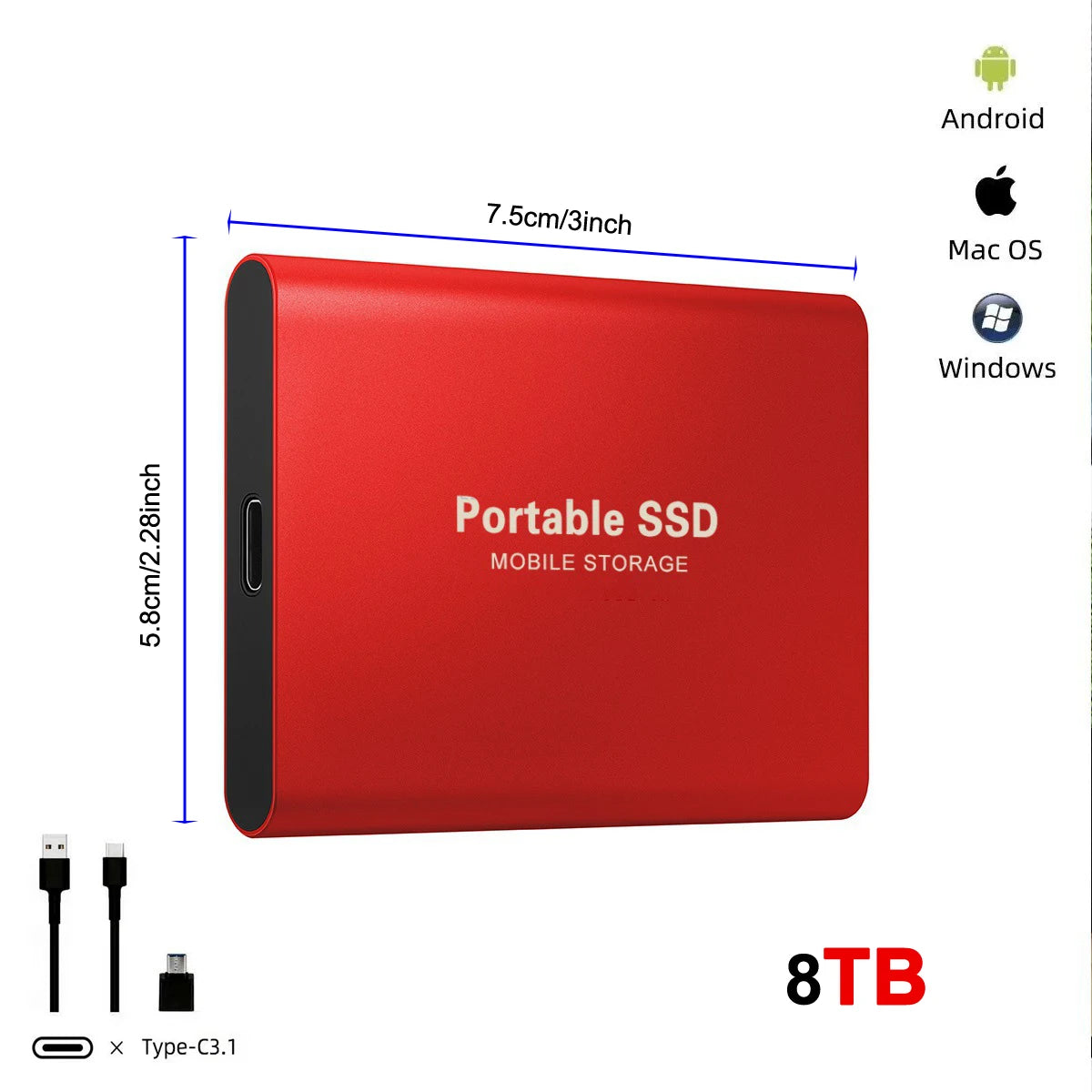 Disque Dur Externe SSD Ultra Fin - 128 To, Portable, USB 3.0, Compatible PC & Mac